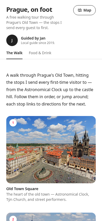 A Guidelyst route showing ordered stops with the guide's profile at the top